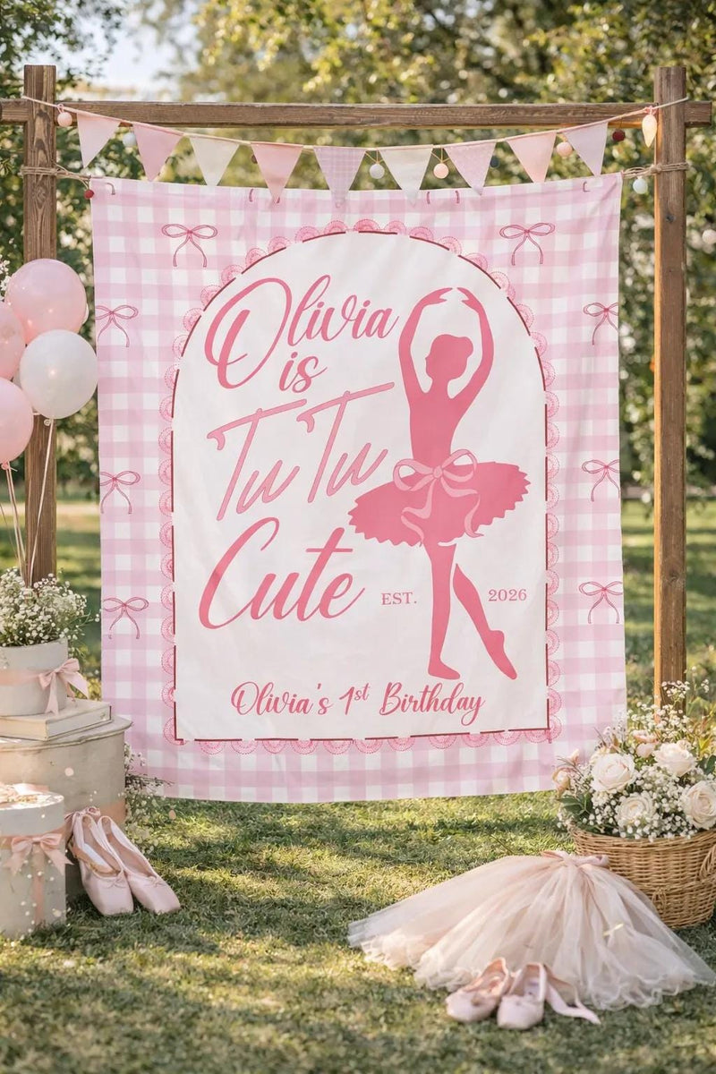 Tutu Cute Personalized Pink Ballerina Birthday Banner for Girls, 1st Birthday Party Backdrop with Gingham and Bow Design, Ballet Decor