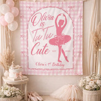 Tutu Cute Personalized Pink Ballerina Birthday Banner for Girls, 1st Birthday Party Backdrop with Gingham and Bow Design, Ballet Decor