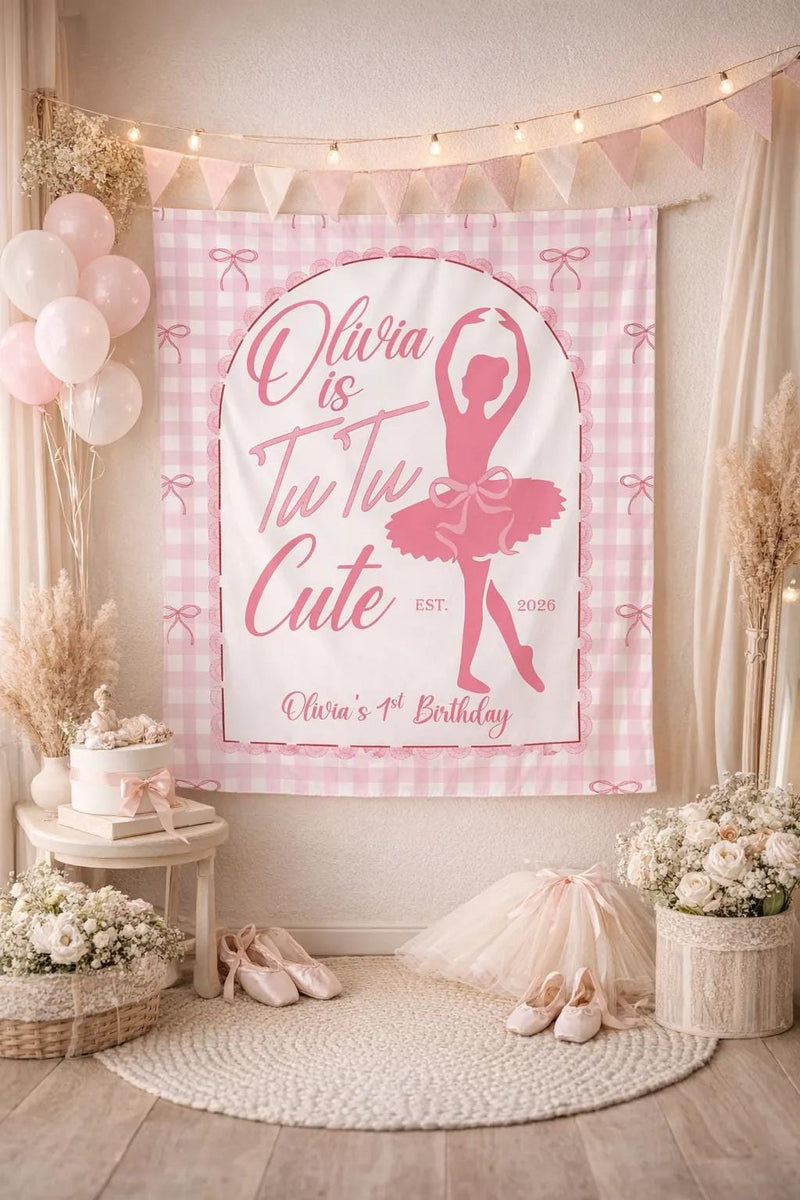 Tutu Cute Personalized Pink Ballerina Birthday Banner for Girls, 1st Birthday Party Backdrop with Gingham and Bow Design, Ballet Decor