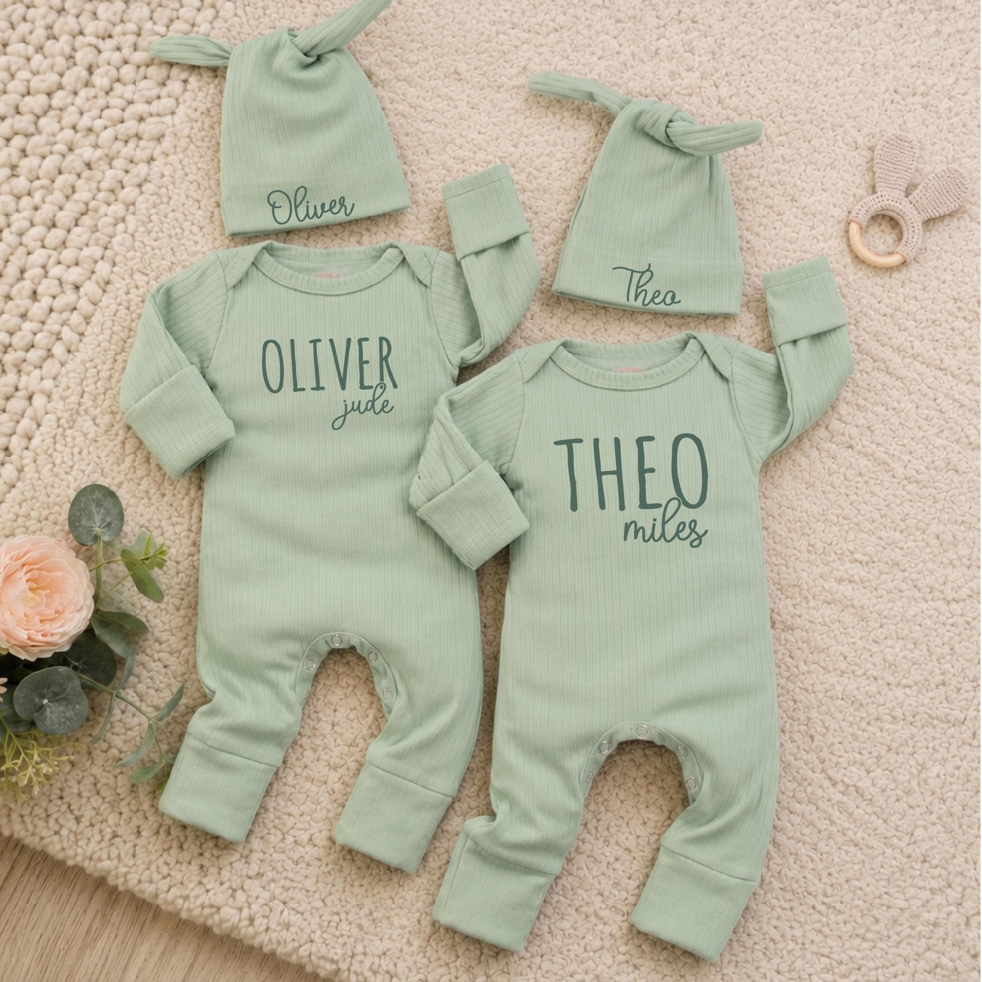 Twin Baby Bodysuit and Knot Hat Set with Custom Names, Sage Green Ribbed Outfit for Newborns, Perfect for Baby Shower or Coming Home