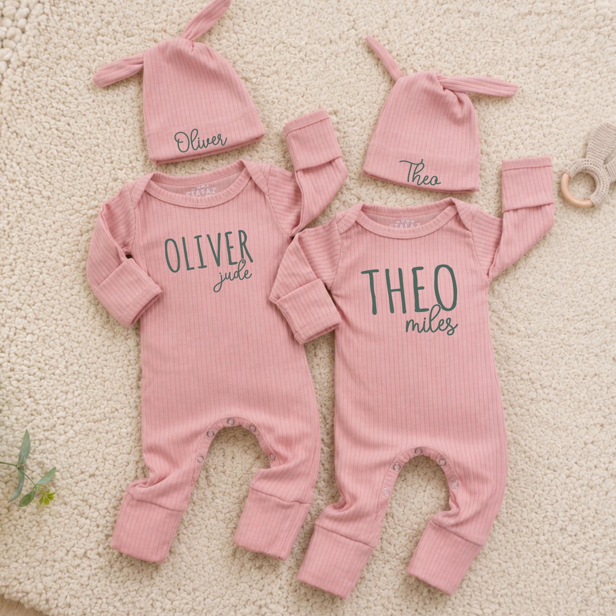 Twin Baby Bodysuit and Knot Hat Set with Custom Names, Sage Green Ribbed Outfit for Newborns, Perfect for Baby Shower or Coming Home