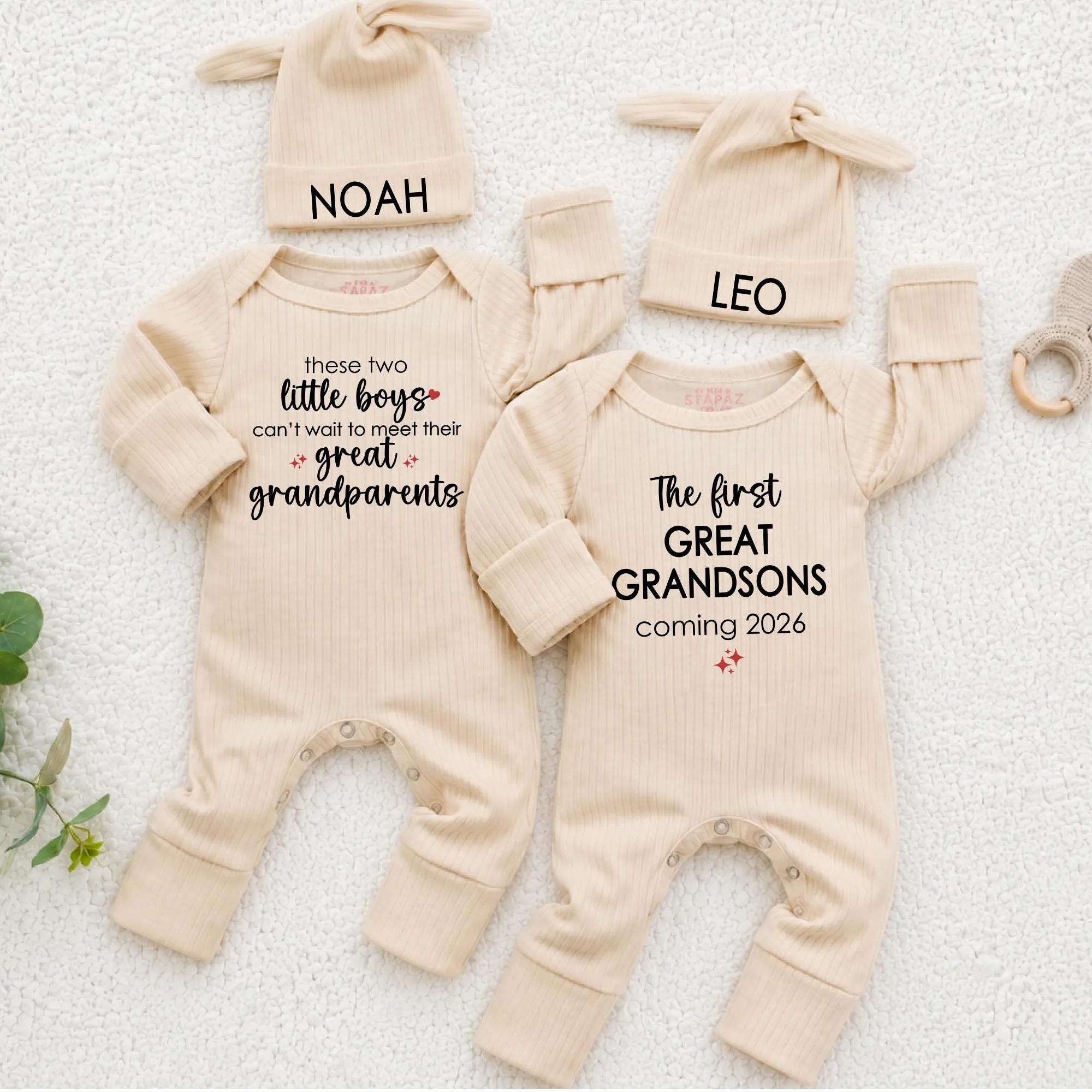 Twin Baby Boys Ribbed Rompers with Great Grandparents Announcement and Custom Name Hats, Pregnancy Reveal Outfit Set