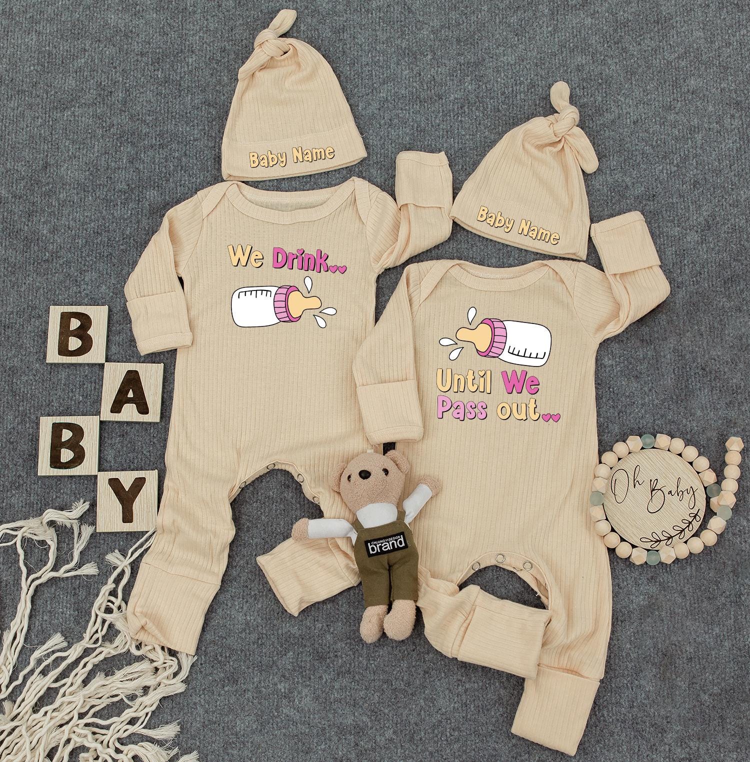 Twin Baby Girl Bodysuit Set We Drink Until We Pass Out Funny Outfits Baby Shower Gift Ribbed Cotton Romper Pink Purple Cute Design