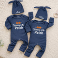 Twinning in the Patch Baby Rompers with Pumpkin Graphic and Custom Name Hats, Newborn Halloween Outfit for Twins or Siblings