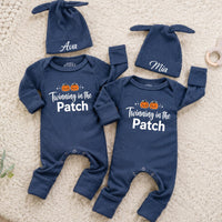 Twinning in the Patch Baby Rompers with Pumpkin Graphic and Custom Name Hats, Newborn Halloween Outfit for Twins or Siblings