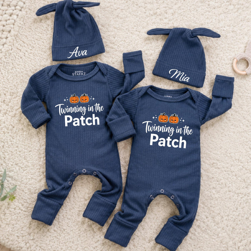 Twinning in the Patch Baby Rompers with Pumpkin Graphic and Custom Name Hats, Newborn Halloween Outfit for Twins or Siblings