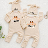 Twinning in the Patch Baby Rompers with Pumpkin Graphic and Custom Name Hats, Newborn Halloween Outfit for Twins or Siblings