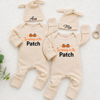 Twinning in the Patch Baby Rompers with Pumpkin Graphic and Custom Name Hats, Newborn Halloween Outfit for Twins or Siblings