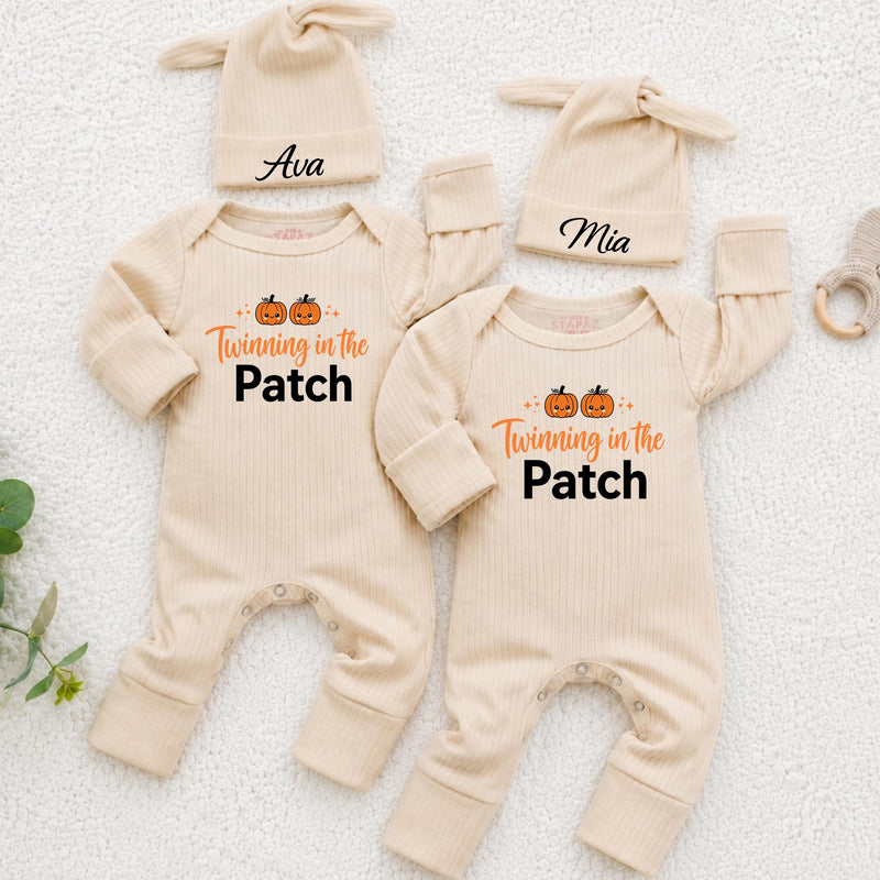 Twinning in the Patch Baby Rompers with Pumpkin Graphic and Custom Name Hats, Newborn Halloween Outfit for Twins or Siblings