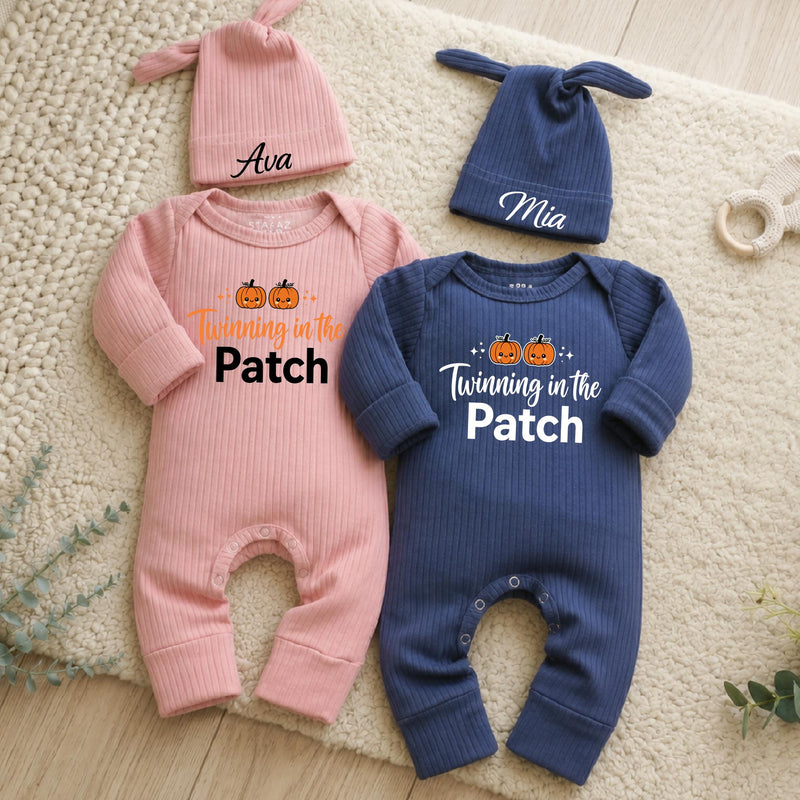 Twinning in the Patch Baby Rompers with Pumpkin Graphic and Custom Name Hats, Newborn Halloween Outfit for Twins or Siblings