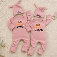 Twinning in the Patch Baby Rompers with Pumpkin Graphic and Custom Name Hats, Newborn Halloween Outfit for Twins or Siblings