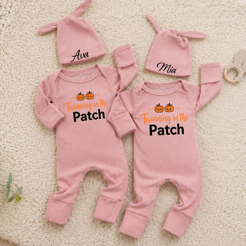 Twinning in the Patch Baby Rompers with Pumpkin Graphic and Custom Name Hats, Newborn Halloween Outfit for Twins or Siblings