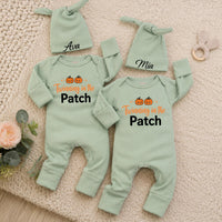 Twinning in the Patch Baby Rompers with Pumpkin Graphic and Custom Name Hats, Newborn Halloween Outfit for Twins or Siblings