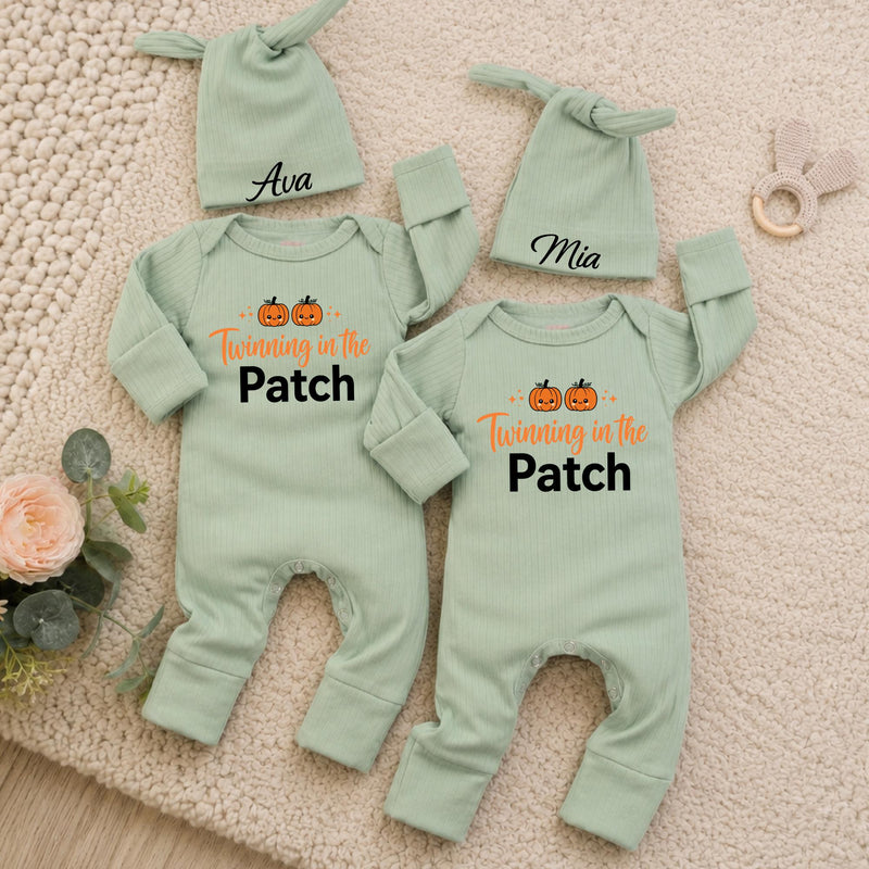 Twinning in the Patch Baby Rompers with Pumpkin Graphic and Custom Name Hats, Newborn Halloween Outfit for Twins or Siblings