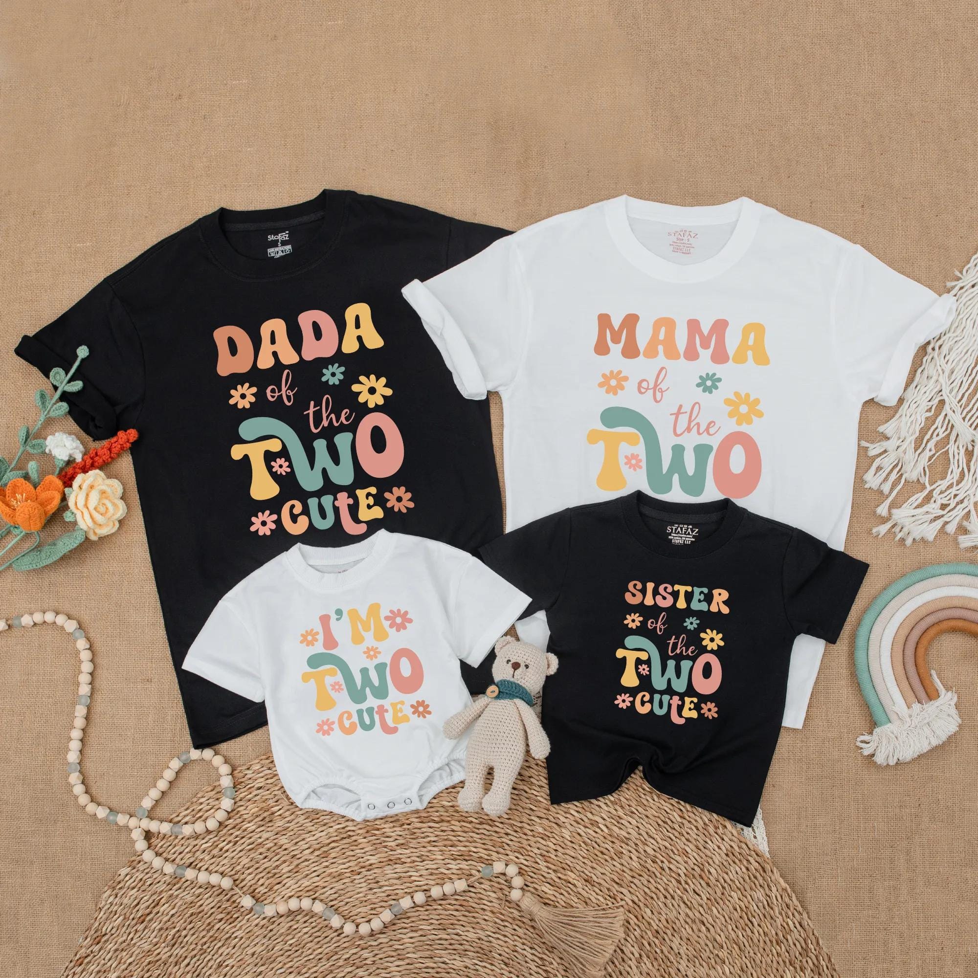 Two Cute Matching Family Birthday Shirts Retro Groovy 2nd Toddler Outfit Pastel Colors Vintage Style Personalized Gift