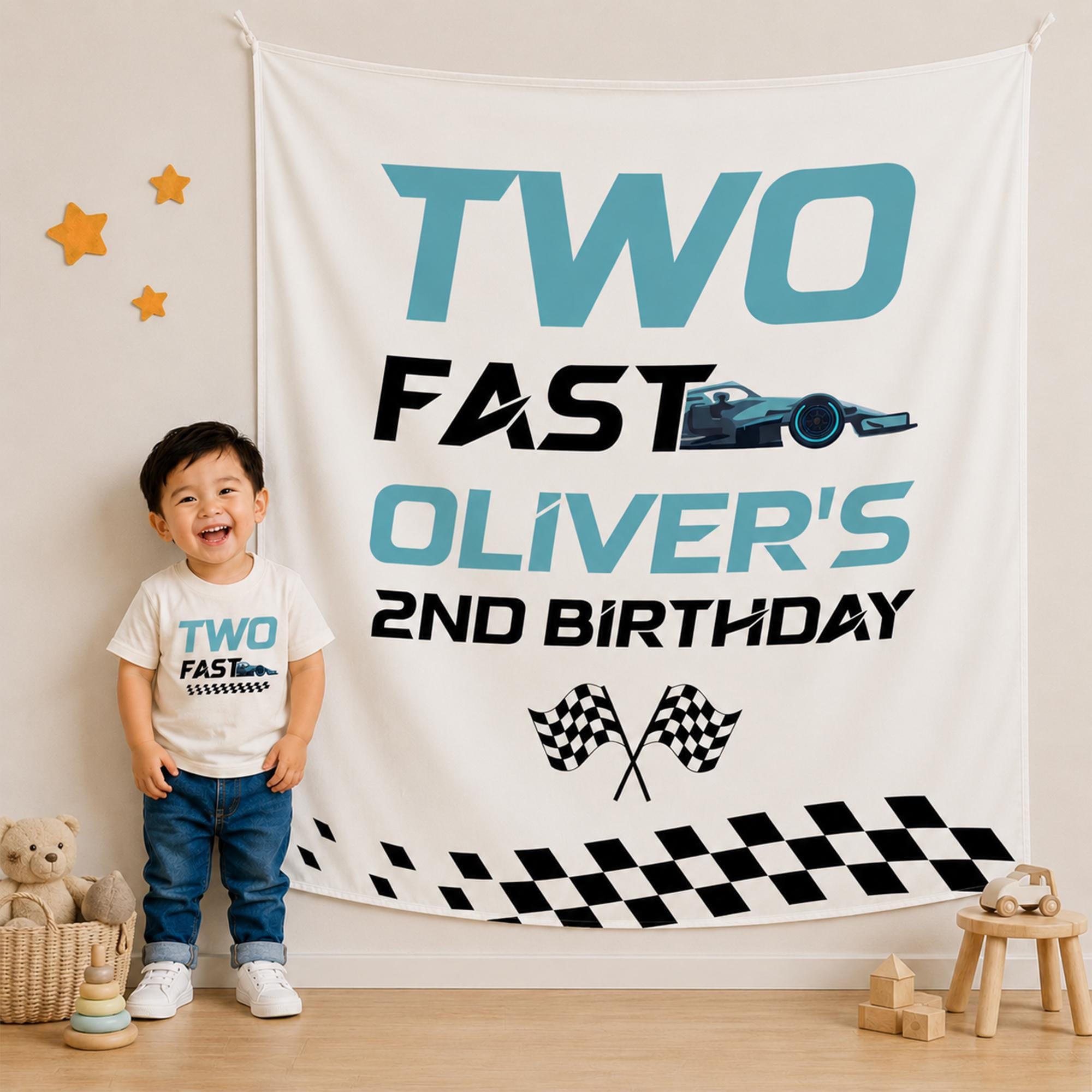 Two Fast 2nd Birthday Shirt and Banner with Race Car Theme, Personalized Toddler Party Outfit, Cake Smash Backdrop for Boys, Custom Decor
