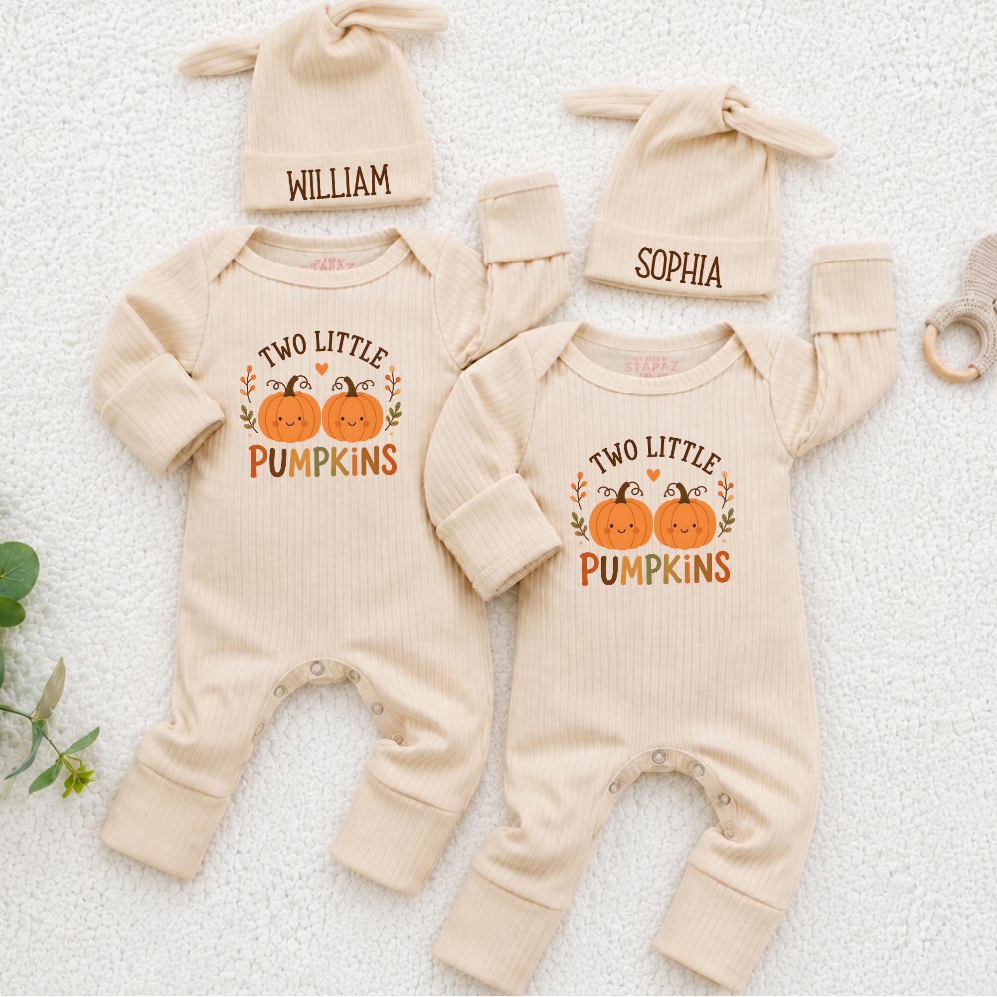 Two Little Pumpkins Baby Bodysuit and Matching Name Hat Set, Fall Halloween Outfit for Twins, Personalized Newborn Coming Home Gift