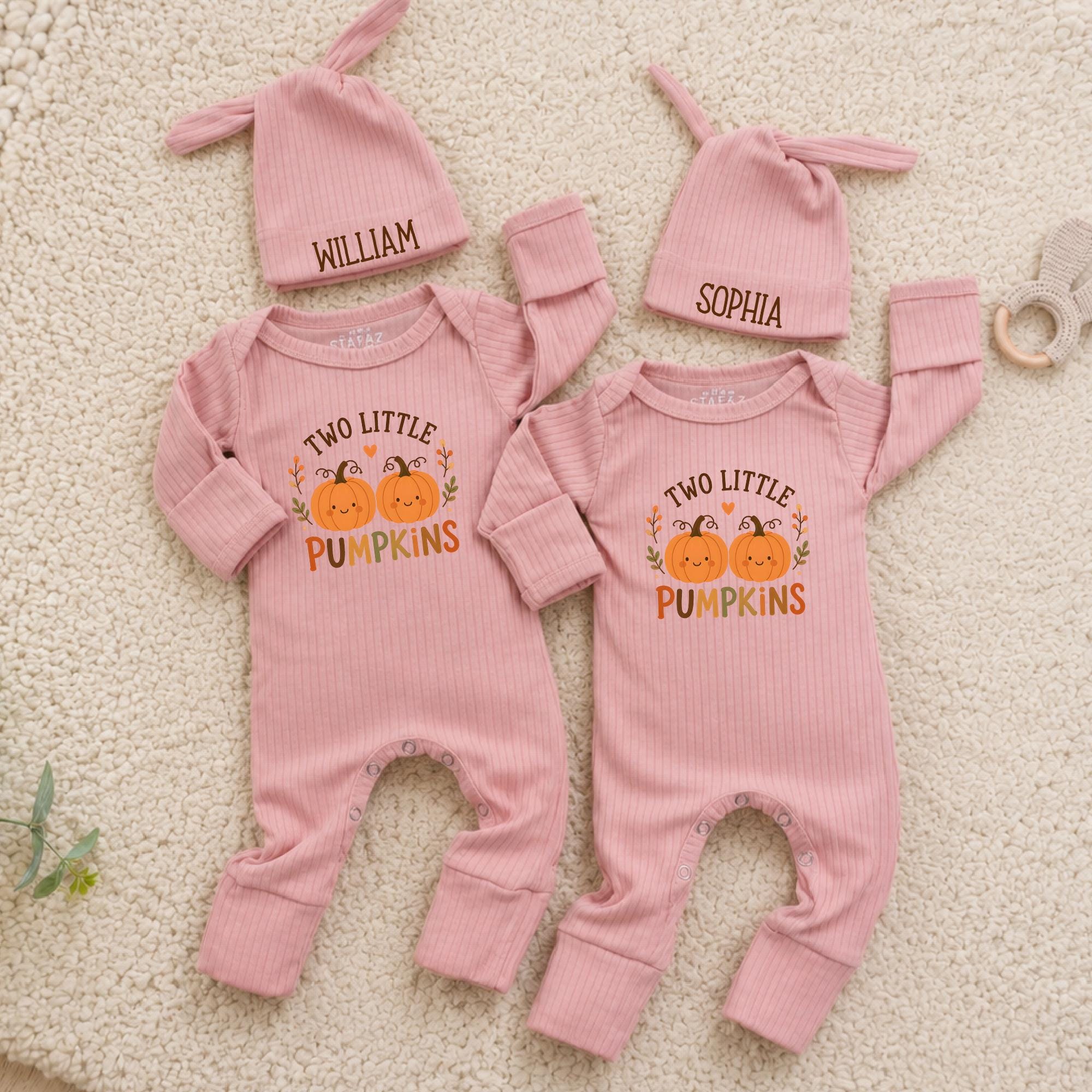 Two Little Pumpkins Baby Bodysuit and Matching Name Hat Set, Fall Halloween Outfit for Twins, Personalized Newborn Coming Home Gift