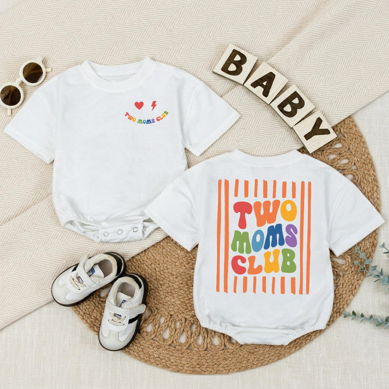 Two Moms Club Baby Romper with Retro Pride Design LGBTQ+ Newborn Outfit, Soft Cotton Bodysuit for Infant, Lesbian Mom Baby Shower Gift