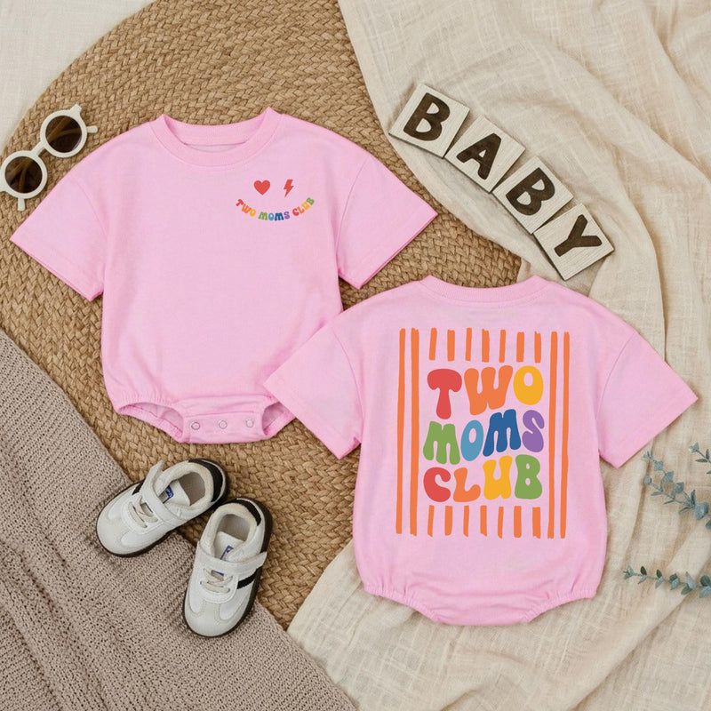 Two Moms Club Baby Romper with Retro Pride Design LGBTQ+ Newborn Outfit, Soft Cotton Bodysuit for Infant, Lesbian Mom Baby Shower Gift