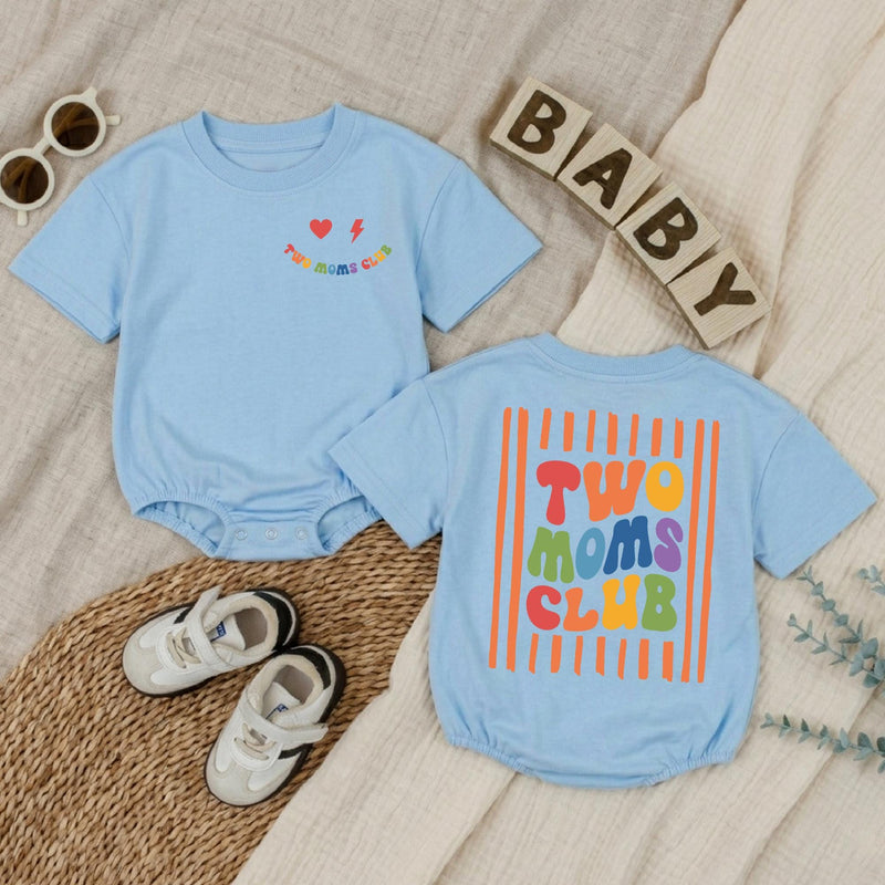 Two Moms Club Baby Romper with Retro Pride Design LGBTQ+ Newborn Outfit, Soft Cotton Bodysuit for Infant, Lesbian Mom Baby Shower Gift