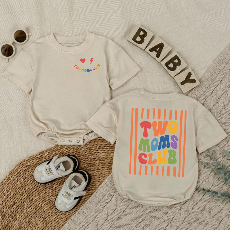 Two Moms Club Baby Romper with Retro Pride Design LGBTQ+ Newborn Outfit, Soft Cotton Bodysuit for Infant, Lesbian Mom Baby Shower Gift