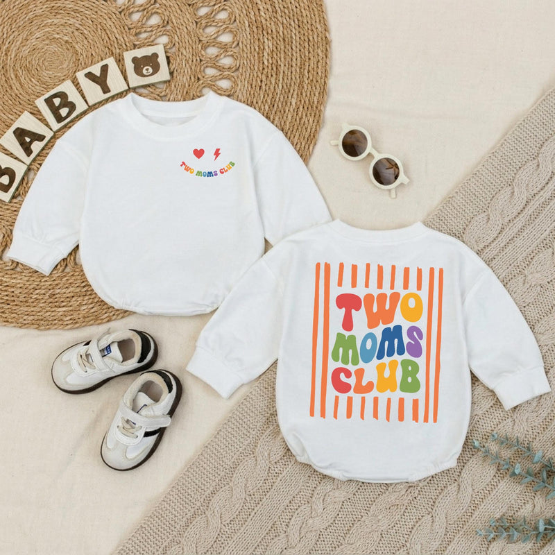 Two Moms Club Baby Romper with Retro Pride Design LGBTQ+ Newborn Outfit, Soft Cotton Bodysuit for Infant, Lesbian Mom Baby Shower Gift
