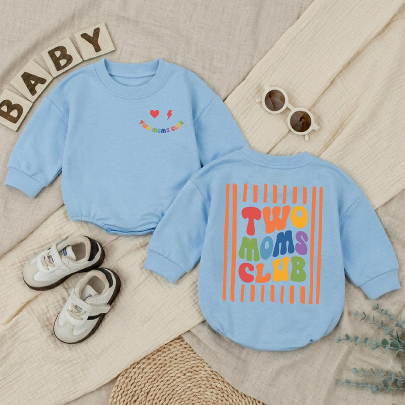 Two Moms Club Baby Romper with Retro Pride Design LGBTQ+ Newborn Outfit, Soft Cotton Bodysuit for Infant, Lesbian Mom Baby Shower Gift