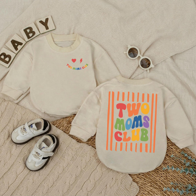 Two Moms Club Baby Romper with Retro Pride Design LGBTQ+ Newborn Outfit, Soft Cotton Bodysuit for Infant, Lesbian Mom Baby Shower Gift