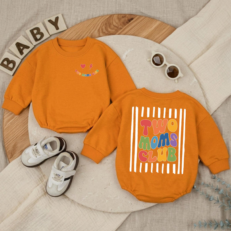 Two Moms Club Baby Romper with Retro Pride Design LGBTQ+ Newborn Outfit, Soft Cotton Bodysuit for Infant, Lesbian Mom Baby Shower Gift