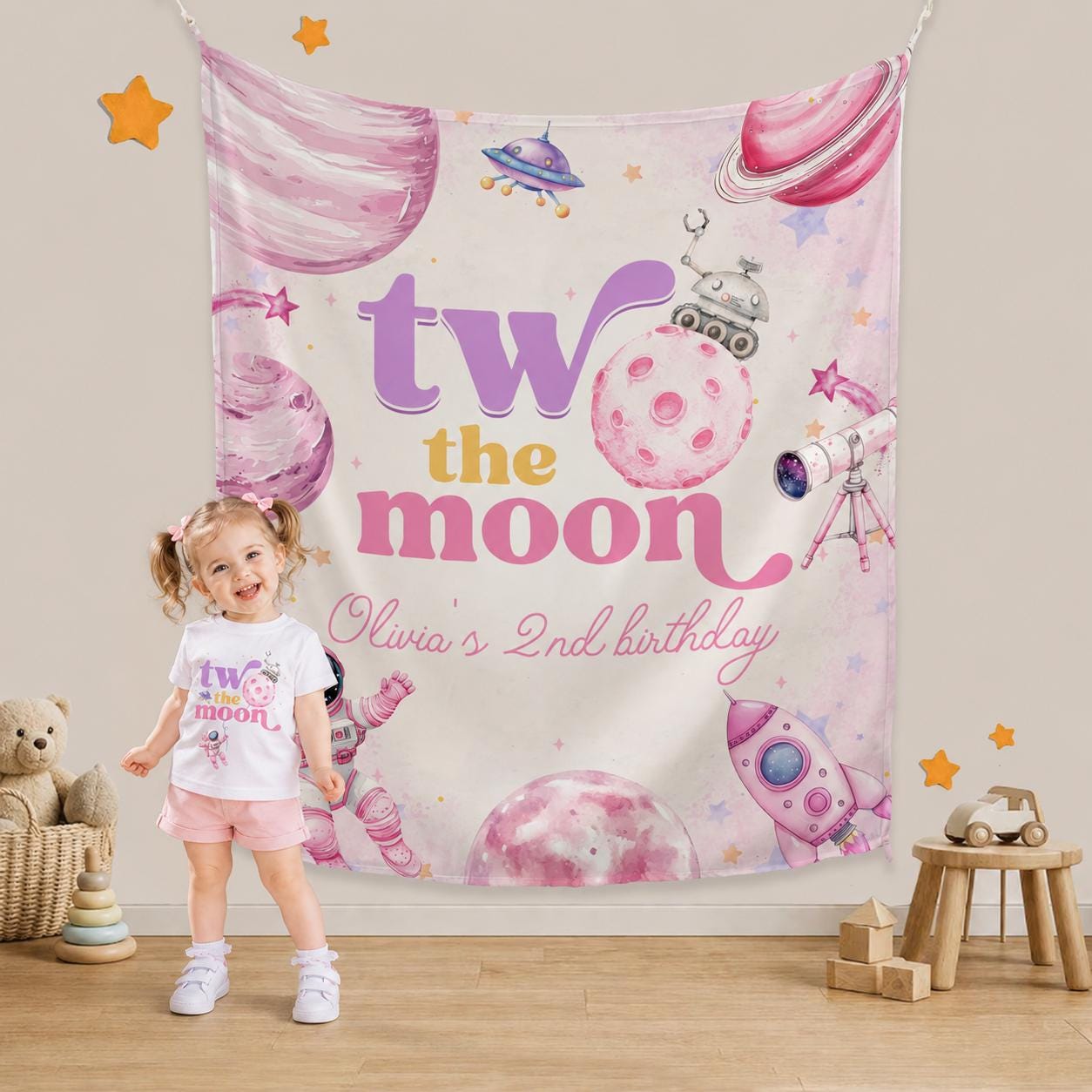 Two The Moon Birthday Banner and Shirt Personalized Space Girl Party Decorations Astronaut Theme Watercolor Celestial Design Gift