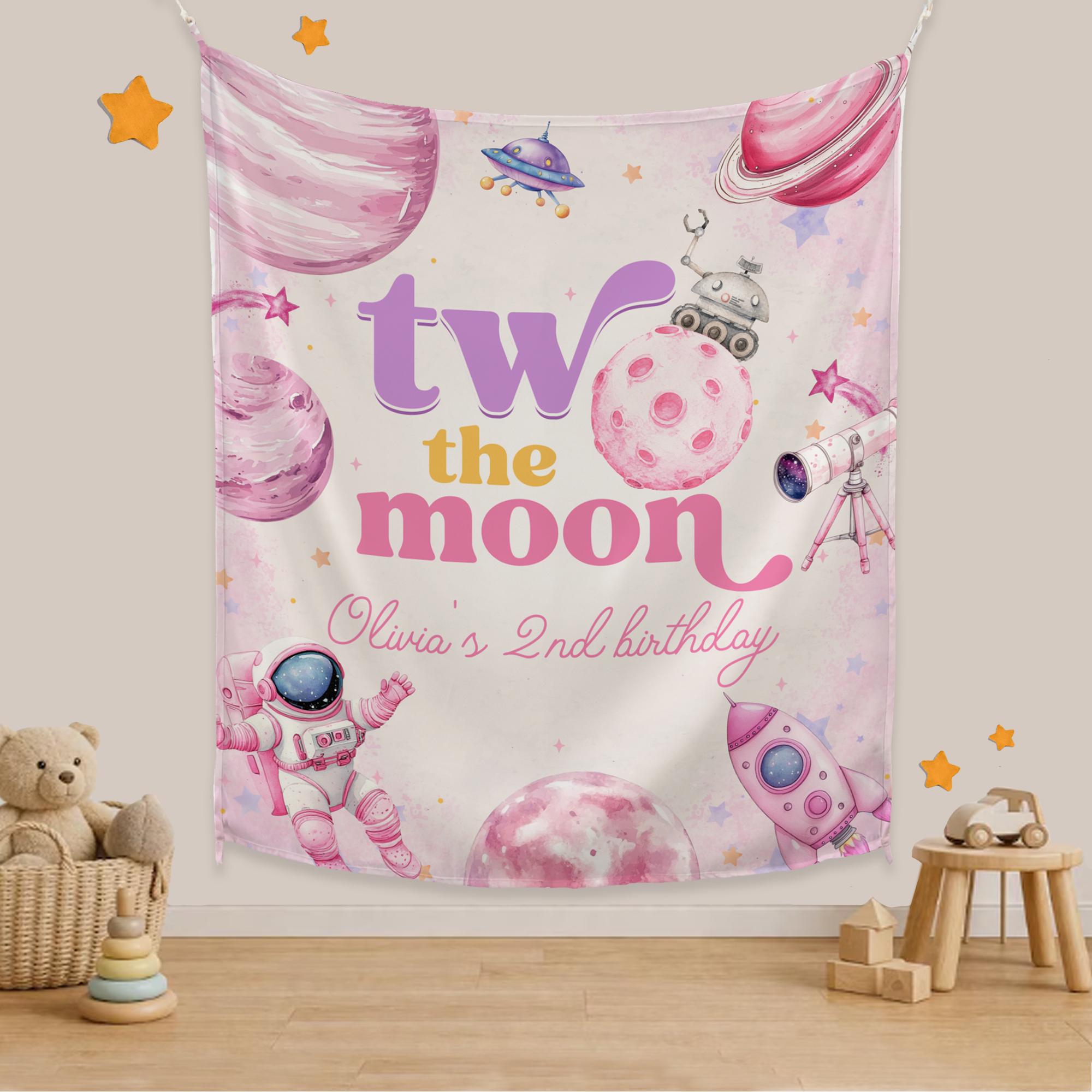 Two The Moon Birthday Banner and Shirt Personalized Space Girl Party Decorations Astronaut Theme Watercolor Celestial Design Gift