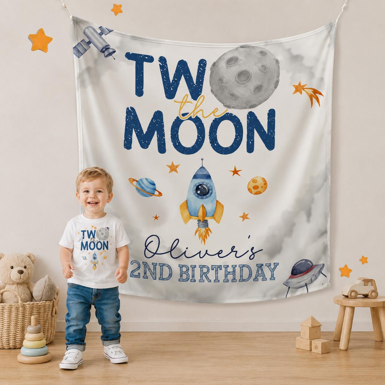 Two the Moon Personalized 2nd Birthday Outfit and Banner Space Party Decorations Toddler Rocket Shirt with Stars and Planets Design