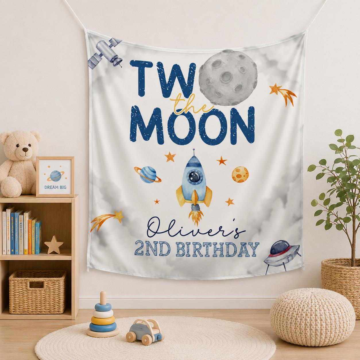 Two the Moon Personalized 2nd Birthday Outfit and Banner Space Party Decorations Toddler Rocket Shirt with Stars and Planets Design