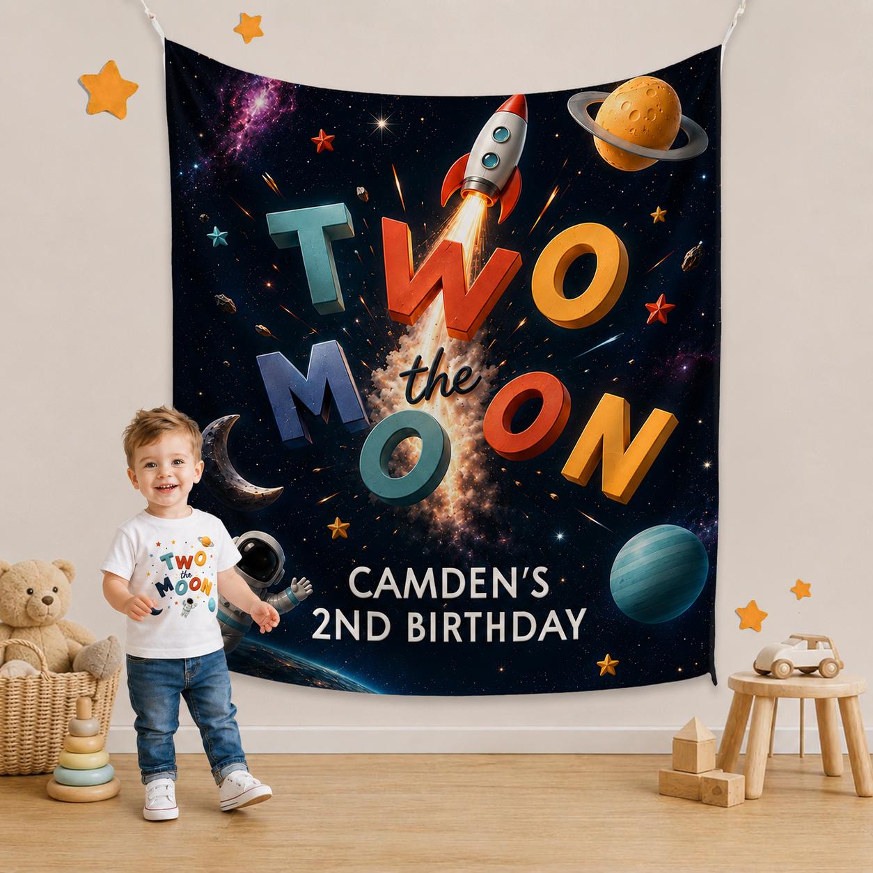 Two The Moon Personalized 2nd Birthday Shirt and Banner Set for Toddler Boy or Girl Space Theme Astronaut Rocket Galaxy Party Decor