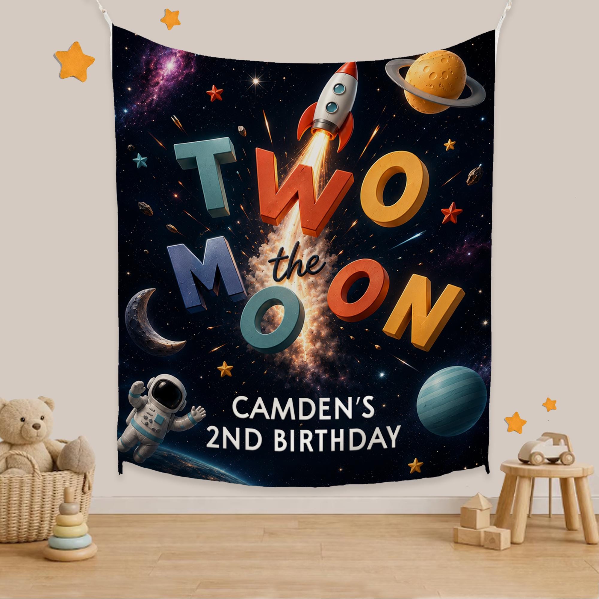 Two The Moon Personalized 2nd Birthday Shirt and Banner Set for Toddler Boy or Girl Space Theme Astronaut Rocket Galaxy Party Decor