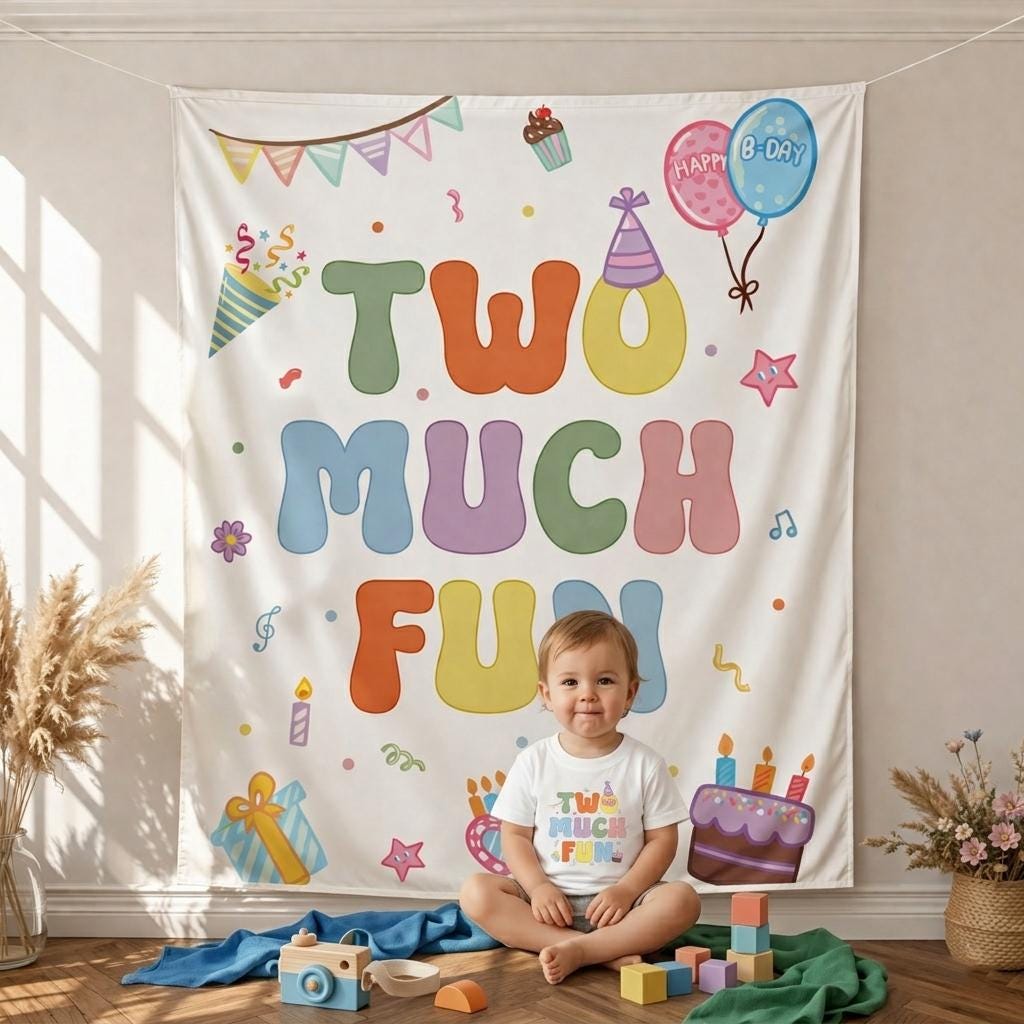 Two Much Fun 2nd Birthday Shirt and Banner Personalized Party Decor Bright Pastel Colors Toddler Photo Prop Second Birthday Celebration