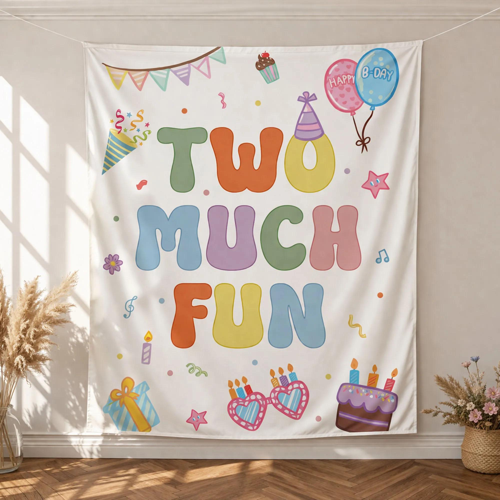 Two Much Fun 2nd Birthday Shirt and Banner Personalized Party Decor Bright Pastel Colors Toddler Photo Prop Second Birthday Celebration