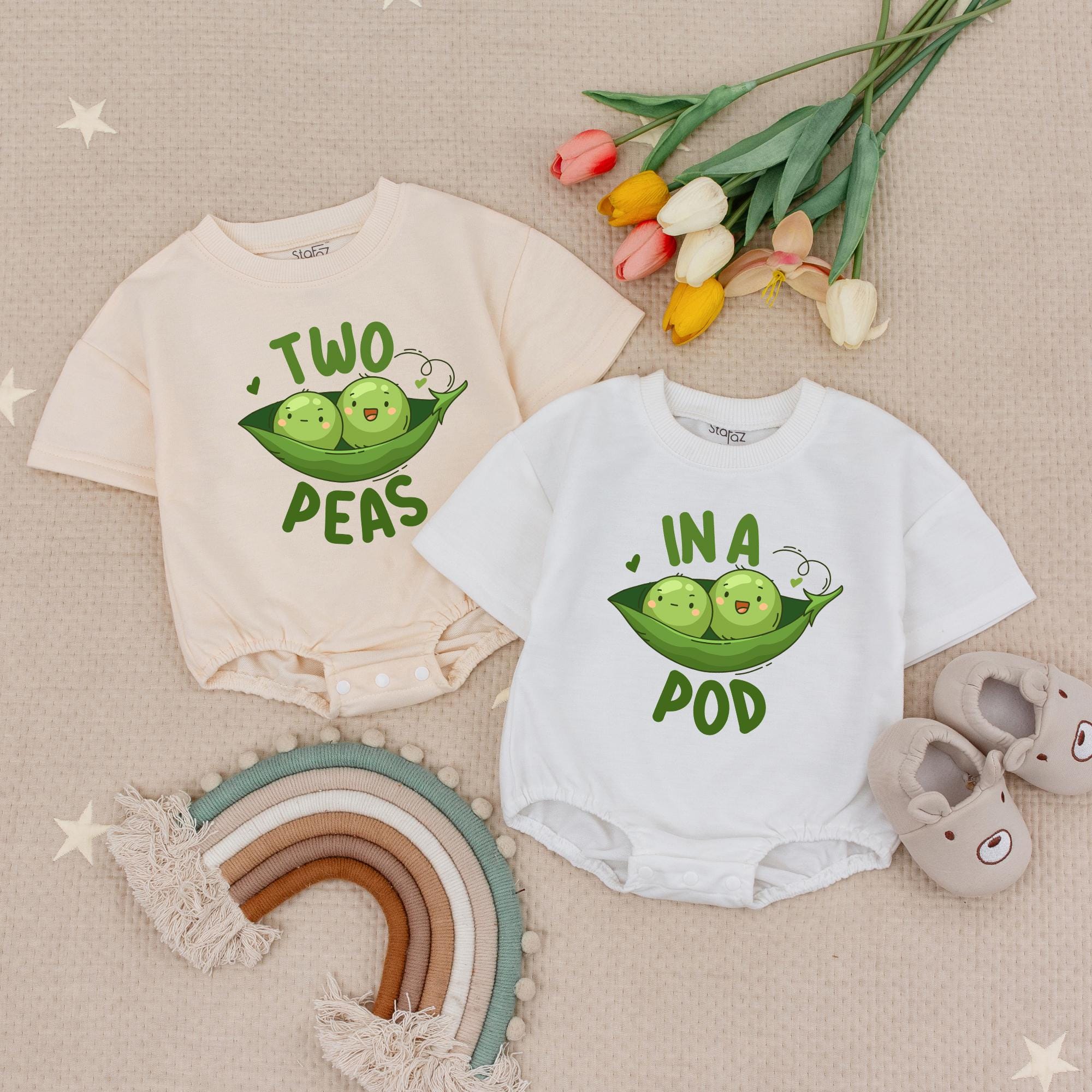 Two Peas in a Pod Twin Baby Romper with Adorable Green Pea Artwork, Funny Matching Twin Outfit, Cute Baby Shower Gift Idea