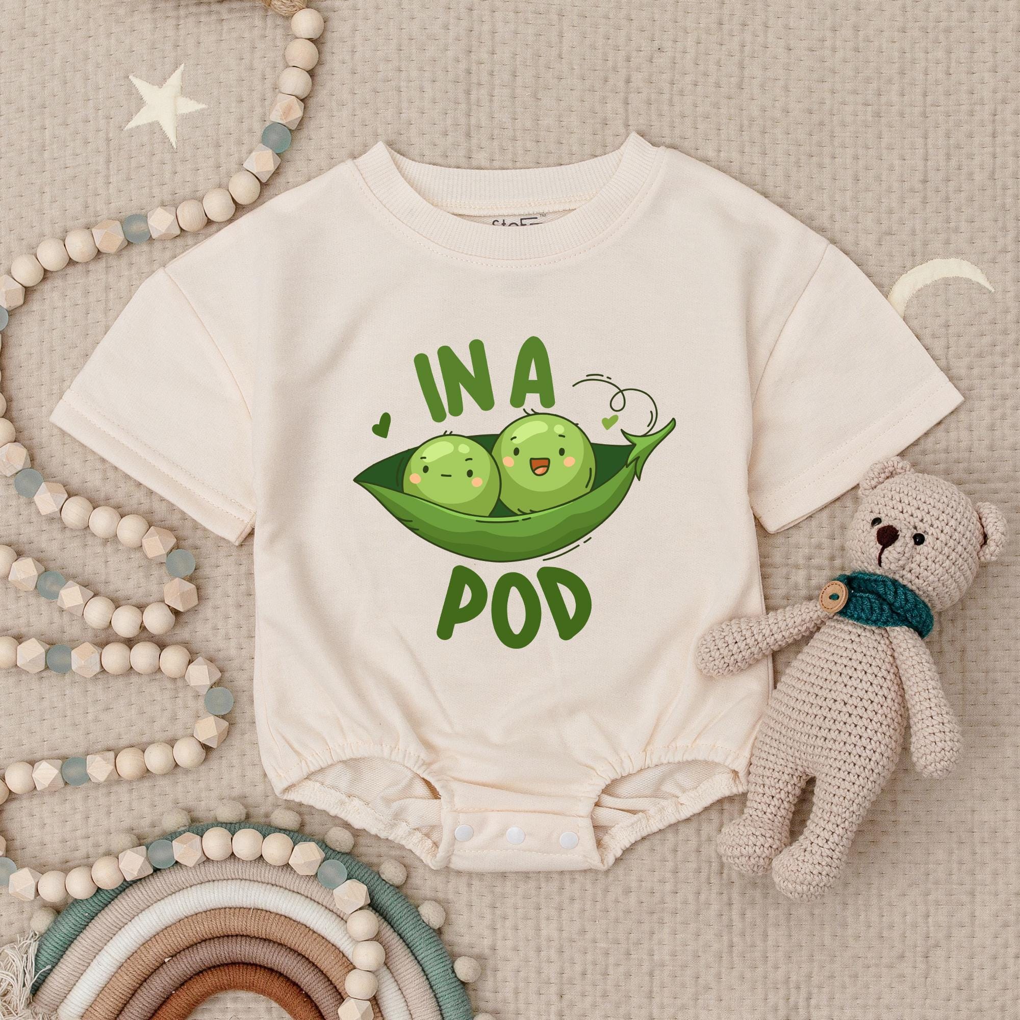 Two Peas in a Pod Twin Baby Romper with Adorable Green Pea Artwork, Funny Matching Twin Outfit, Cute Baby Shower Gift Idea
