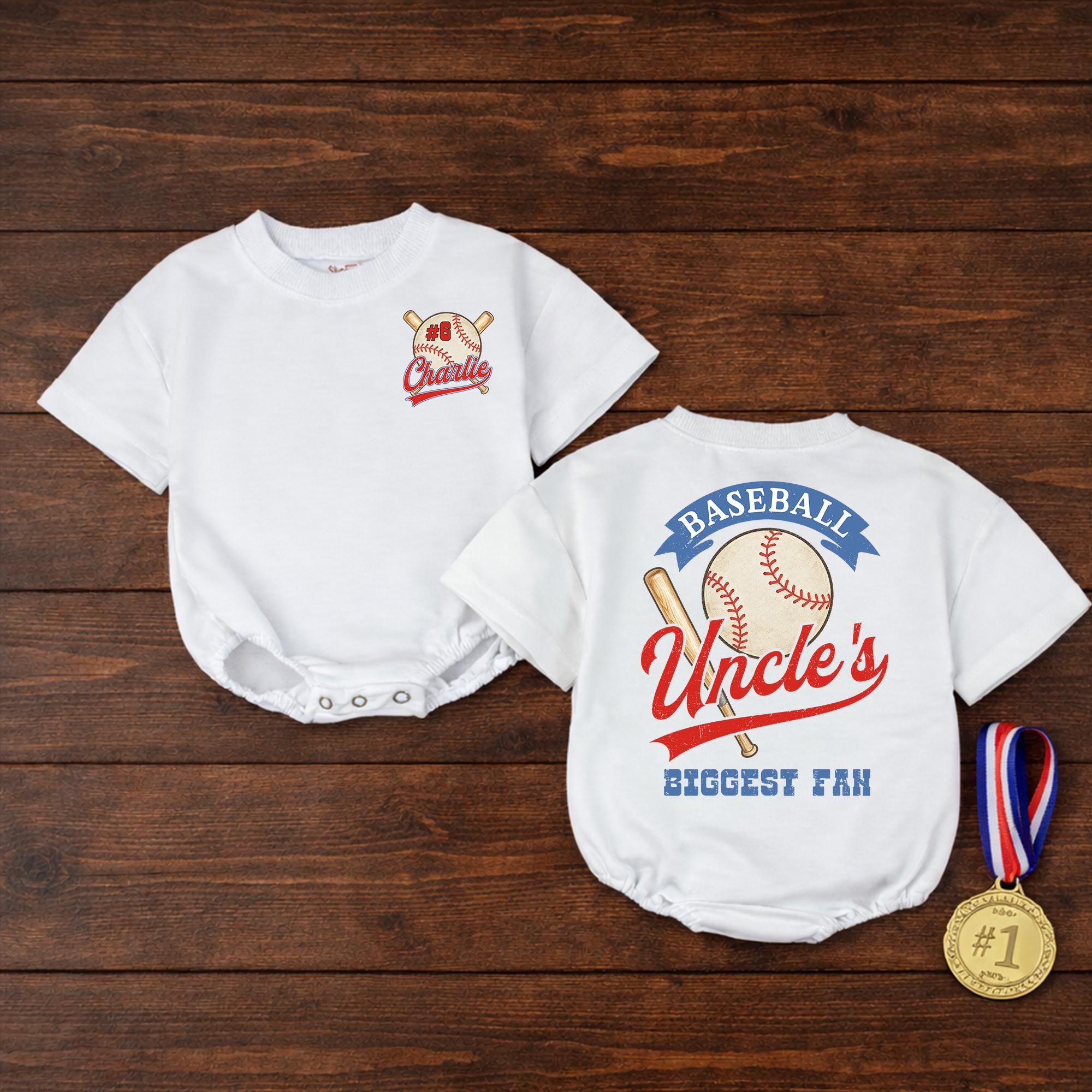 Uncle's Biggest Fan Baseball Baby Romper with Custom Name and Number, Game Day Outfit for Baby Boy, Sports-Themed Infant Bodysuit