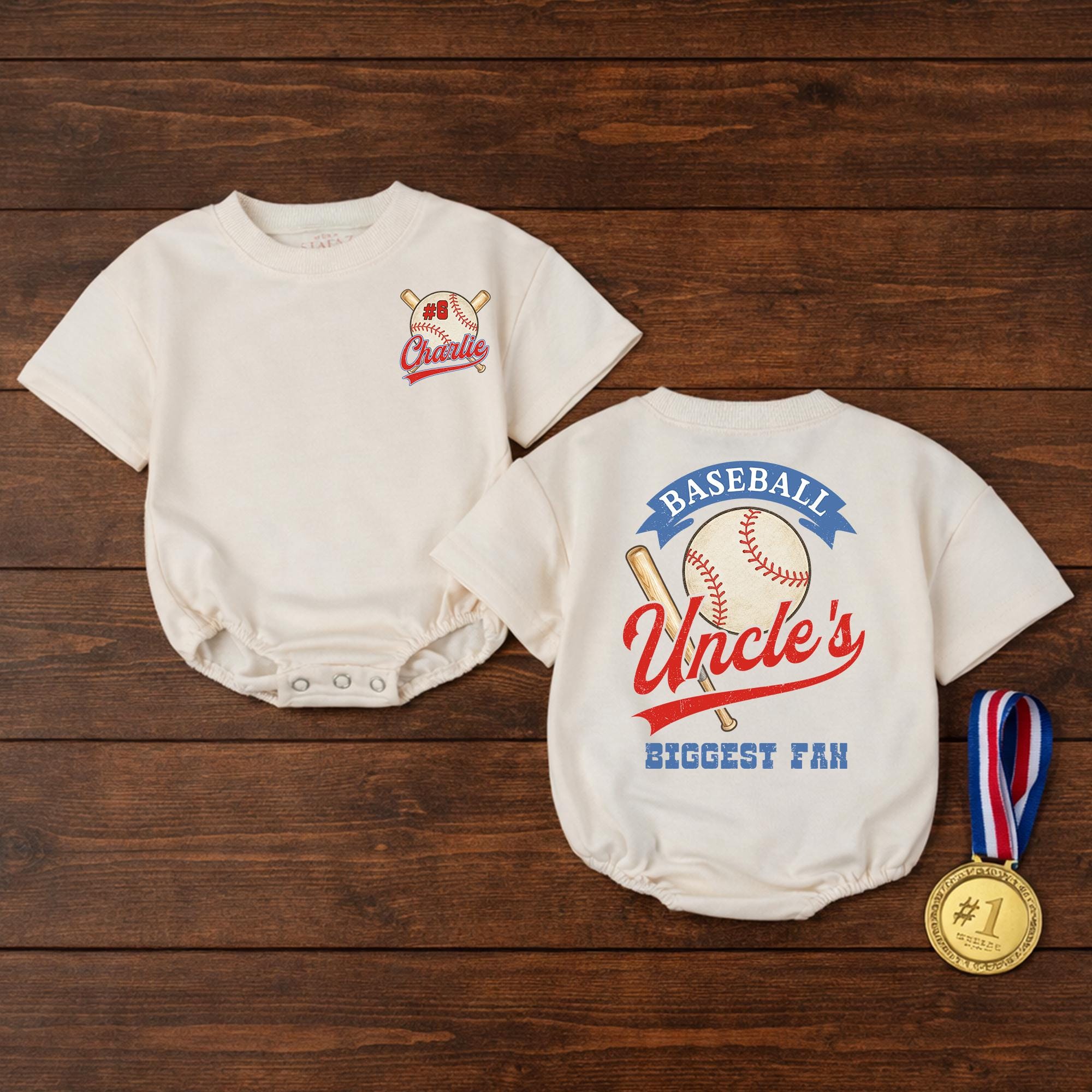 Uncle's Biggest Fan Baseball Baby Romper with Custom Name and Number, Game Day Outfit for Baby Boy, Sports-Themed Infant Bodysuit