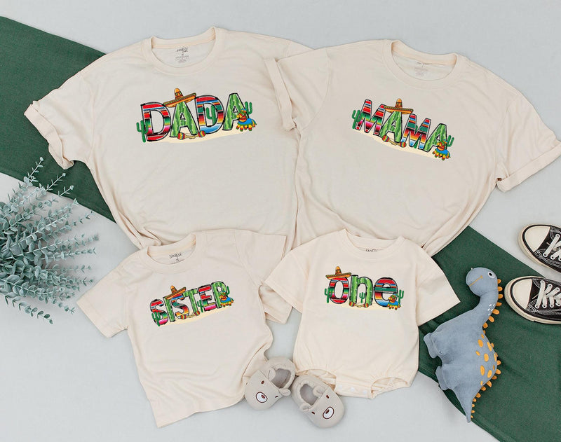Uno Fiesta Birthday Shirt Matching Family Outfits Vibrant Mexican Design with Sombreros Cacti Maracas Personalized Baby Bodysuit