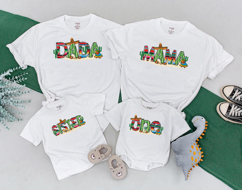 Uno Fiesta Birthday Shirt Matching Family Outfits Vibrant Mexican Design with Sombreros Cacti Maracas Personalized Baby Bodysuit