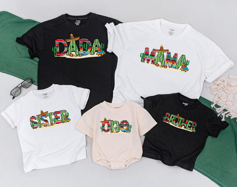 Uno Fiesta Birthday Shirt Matching Family Outfits Vibrant Mexican Design with Sombreros Cacti Maracas Personalized Baby Bodysuit