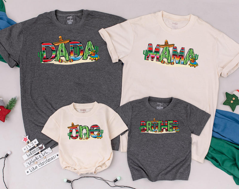 Uno Fiesta Birthday Shirt Matching Family Outfits Vibrant Mexican Design with Sombreros Cacti Maracas Personalized Baby Bodysuit