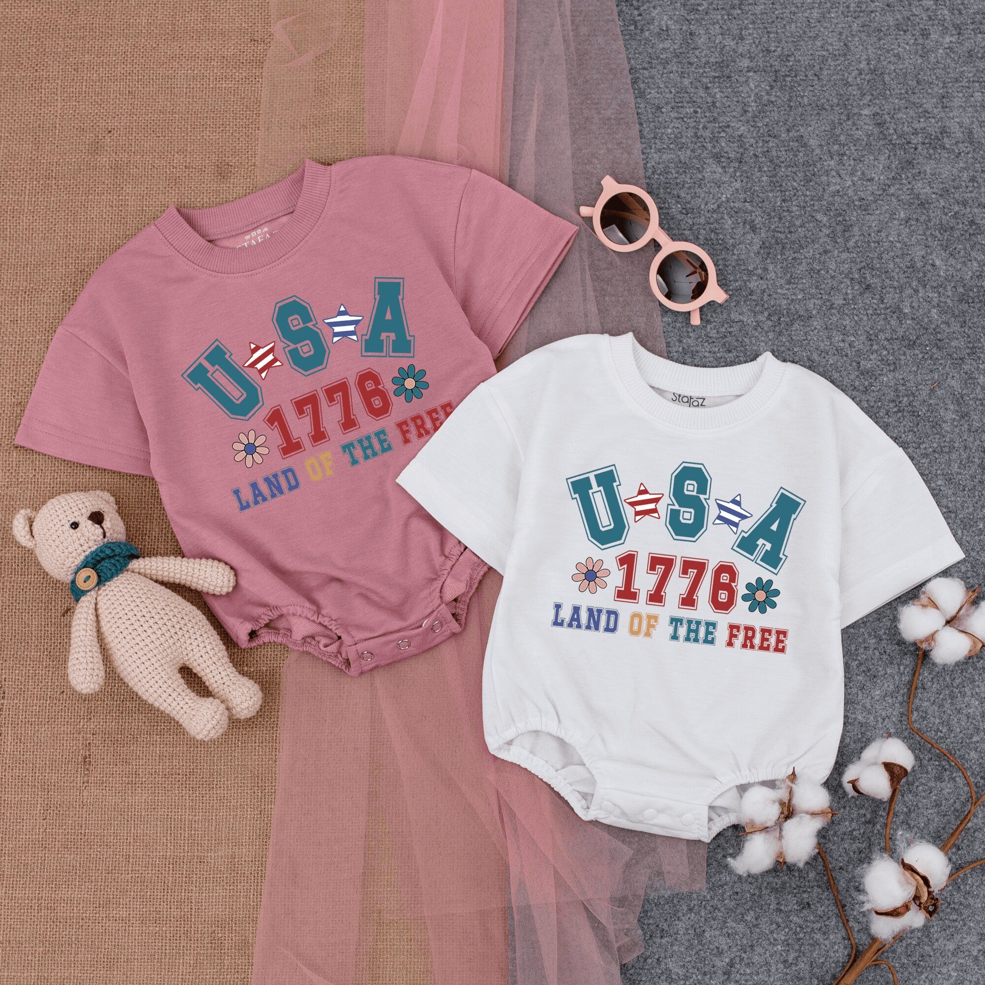 USA 1776 Land Of The Free Baby Romper Patriotic Fourth of July Infant Outfit Soft Cotton Red Blue Star Pattern Independence Day