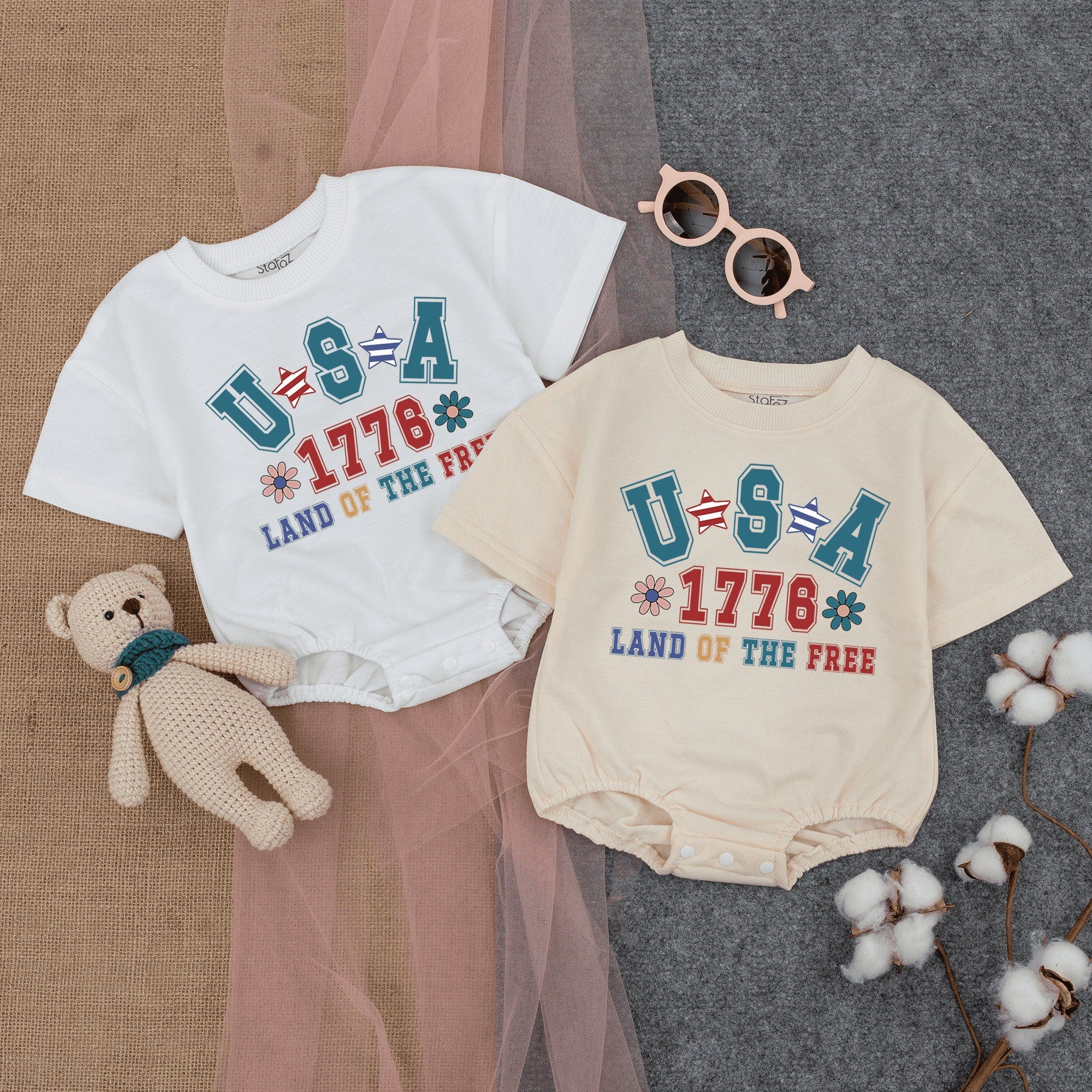 USA 1776 Land Of The Free Baby Romper Patriotic Fourth of July Infant Outfit Soft Cotton Red Blue Star Pattern Independence Day
