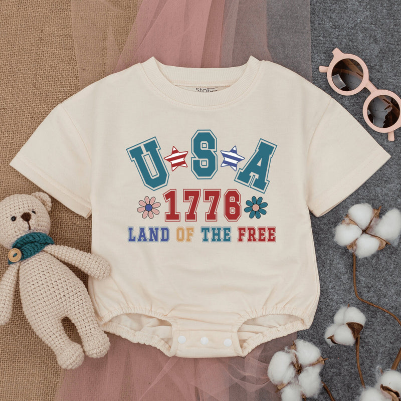 USA 1776 Land Of The Free Baby Romper Patriotic Fourth of July Infant Outfit Soft Cotton Red Blue Star Pattern Independence Day