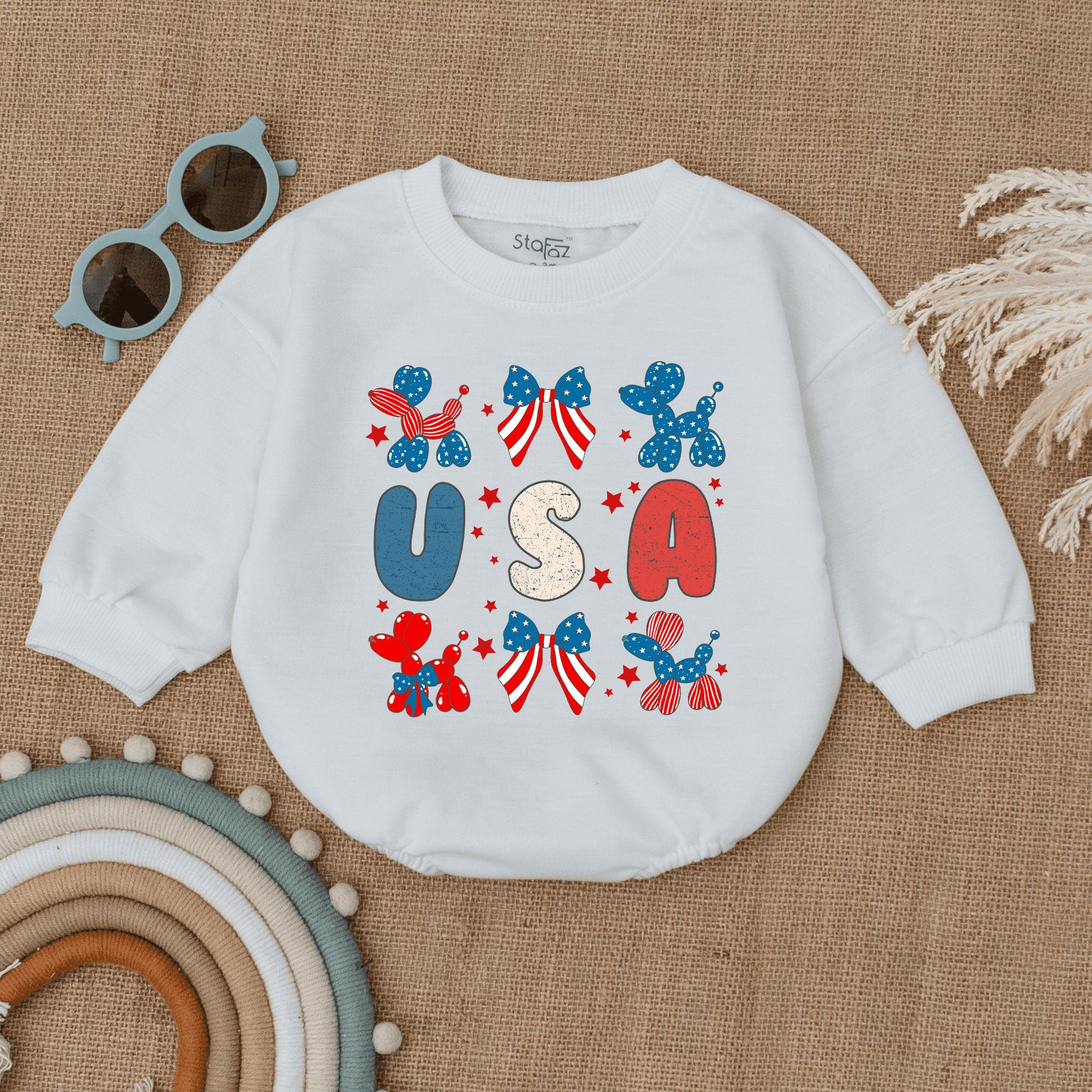 USA Bubble Romper Patriotic Baby Outfit Fourth of July Infant Bodysuit Vintage Red White Blue Design Soft Cotton Holiday Gift